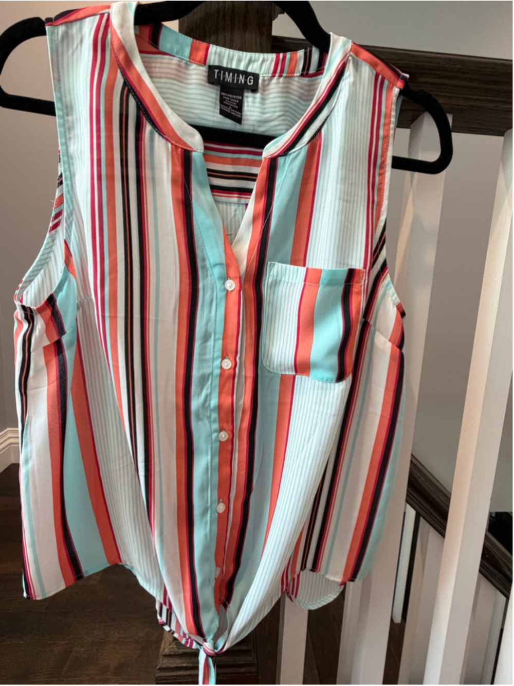 Women's Timing Striped Sleeveless Button Down Shirt, Size M, White Multi